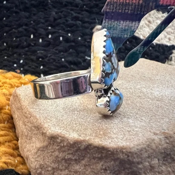 ❤️ Golden Hills Turquoise 925 Southwestern Navajo 2 Stone Adj Ring 6.2gm Unisex - Picture 4 of 16
